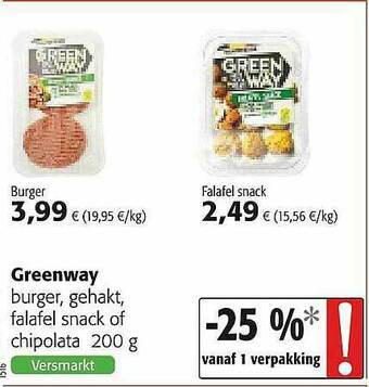 Colruyt Greenway Burger, Gehakt, Falafel Snack Of Chipolata aanbieding