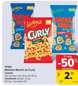 Carrefour Chips Monster Munch en Curly Lorenz aanbieding