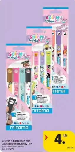 Carrefour Set van 4 balpennen met uitwisbare inkt spinny pen aanbieding