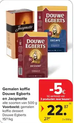 Carrefour Market Gemalen koffie Douwe Egberts en Jacqmotte aanbieding