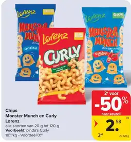 Carrefour Market Chips Monster Munch en Curly Lorenz aanbieding