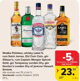 Carrefour Market Wodka Poliakov, whisky Label 5, rum Saint James, Zizi Coin Coin, gin Gibson's, rum Captain Morgan Spiced Gold, gin Tanqueray aanbieding