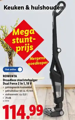 Lidl Rowenta draadloze steelstofzuiger dual force 2 in 1, 18 v aanbieding