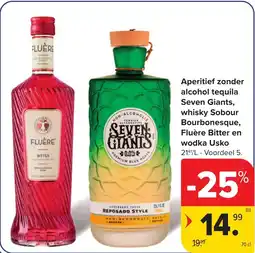 Hyper Carrefour Aperitief zonder alcohol tequila Seven Giants, whisky Sobour Bourbonesque, Fluère Bitter en wodka Usko aanbieding