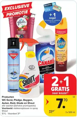 Hyper Carrefour Producten wc eend, pledge, baygon, autan, raid, glade en shout aanbieding