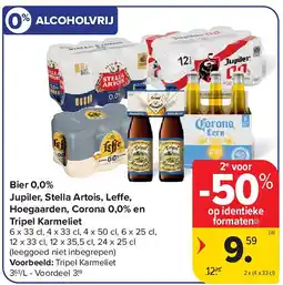 Carrefour Bier 0,0% Jupiler, Stella Artois, Leffe, Hoegaarden, Corona 0,0% en Tripel Karmeliet aanbieding