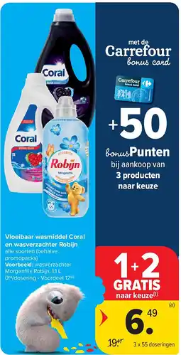 Carrefour Vloeibaar wasmiddel Coral en wasverzachter Robijn aanbieding