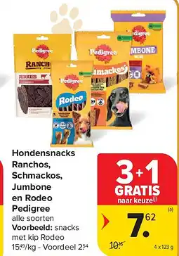 Carrefour Hondensnacks Ranchos, Schmackos, Jumbone en Rodeo Pedigree aanbieding