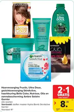 Carrefour Market Haarverzorging fructis, ultra doux, gezichtsverzorging skinactive, haarkleuring belle color, nutrisse, olia en zonnebeschermi aanbieding