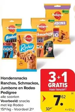 Carrefour Hondensnacks ranchos, schmackos, jumbone en rodeo pedigree aanbieding