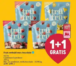 Delhaize Fruit omhuld met chocolade trü frü aanbieding