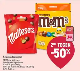 Delhaize M&M's of Maltesers Chocoladedragees aanbieding