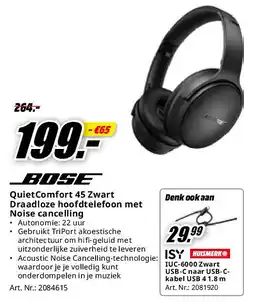 MediaMarkt QuietComfort 45 Zwart Draadloze hoofdtelefoon met Noise cancelling aanbieding