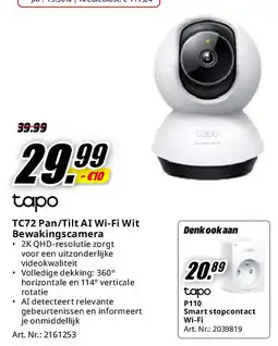 MediaMarkt TC72 Pan/Tilt AI Wi-Fi Wit Bewakingscamera aanbieding