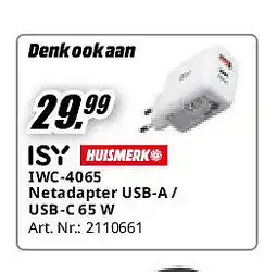 MediaMarkt IWC-4065 Netadapter USB-A / USB-C 65 W aanbieding