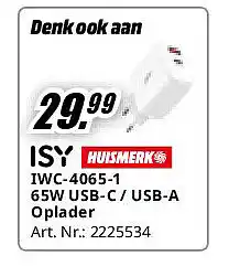 MediaMarkt IWC-4065-1 65W USB-C / USB-A Oplader aanbieding