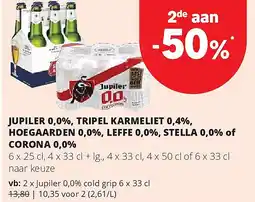 Spar JUPILER 0,0%, TRIPEL KARMELIET 0,4%, HOEGAARDEN 0,0%, LEFFE 0,0%, STELLA 0,0% of CORONA 0,0% aanbieding