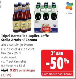 Colruyt Tripel karmeliet, jupiler, leffe, stella artois of corona 12,78 9,59/2 verpakkingen (3,63/L) aanbieding