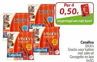 Intermarché Canaillou stick’s snacks voor katten met zalm of gevogelte en lam aanbieding