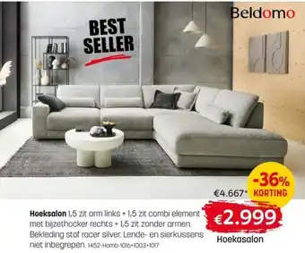Hoeksalon 1,5 zit arm links + 1,5 zit combi element met bijzethocker rechts + 1,5 zit zonder armen