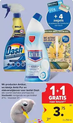 Carrefour Wc-producten antikal, wc-blokje ambi pur en vlekverwijderaar voor textiel dash aanbieding