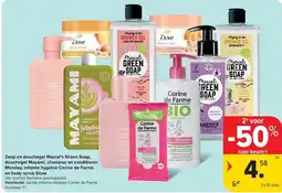 Carrefour Zeep en douchegel marcel's green soap, douchegel mayami, shampoo en conditioner monday, intieme hygiëne corine de farme aanbieding