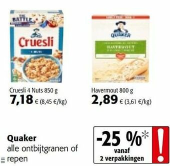 Colruyt Quaker alle ontbijtgranen of repen aanbieding