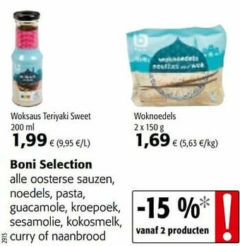 Colruyt Boni selection alle oosterse sauzen, noedels, pasta, guacamole, kroepoek, sesamolie, kokosmelk, curry of naanbrood aanbieding