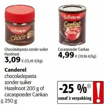 Colruyt Canderel chocoladepasta zonder suiker hazelnoot of cacaopoeder cankao aanbieding