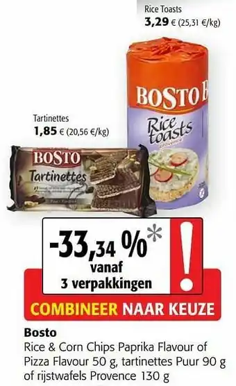 Colruyt Bosto rice + corn chips paprika flavour of pizza flavour tartinettes puur of rijstwafels provence aanbieding