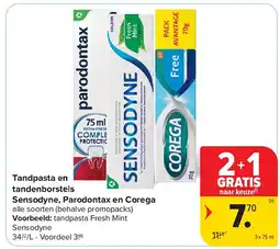 Carrefour Tandpasta en tandenborstels Sensodyne, Parodontax en Corega aanbieding