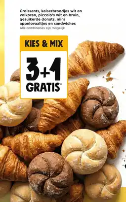 Jumbo Croissants, kaiserbroodjes wit en volkoren, piccolo's wit en bruin, gesuikerde donuts, mini appelovaaltjes en sandwiches aanbieding