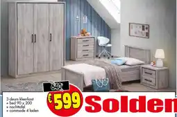 Budget Meubelen 3-deurs kleerkast + bed 90 x 200 +nachttafel + commode 4 laden aanbieding