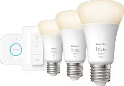 Coolblue Philips Hue White Starter Pack E27 met 3 lampen, dimmer + Bridge aanbieding