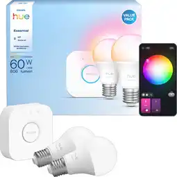 Coolblue Philips Hue Essential A60 White and Color Starter Pack E27 806lm 2-pack + Bridge aanbieding
