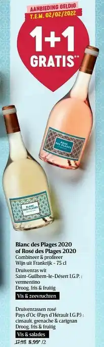Delhaize Blanc des plages 2020 of rosé des plages 2020 combineer + profiteer wijn uit frankrijk aanbieding