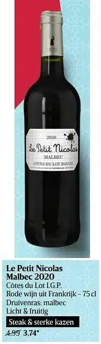 Delhaize Le petit nicolas malbec 2020 côtes du lot i.g.p. rode wijn uit frankrijk aanbieding