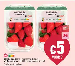 Delhaize Aardbeien (400 g - oorsprong: België) of blauwe bessen (300 g - oorsprong: Servië) aanbieding