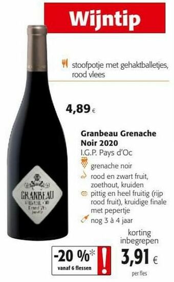 Colruyt Granbeau grenache noir 2020 i.g.p. pays d`oc aanbieding