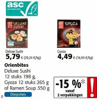 Colruyt Orienbites deluxe sushi gyoza of ramen soup aanbieding
