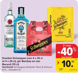 Carrefour Dranken Schweppes, gin Bombay en rum Bacardi aanbieding