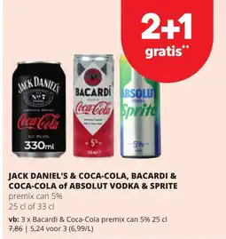 Eurospar jack daniel's & coca-cola, bacardi & coca-cola of absolut vodka & sprite aanbieding