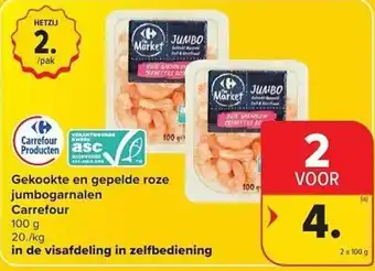 Carrefour Market Gekookte en gepelde roze jumbogarnalen aanbieding