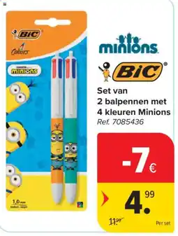 Carrefour Set van 2 balpennen met 4 kleuren Minions aanbieding