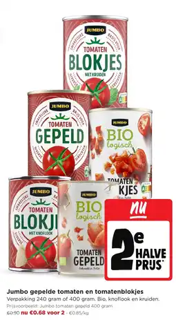 Jumbo Jumbo gepelde tomaten en tomatenblokjes aanbieding