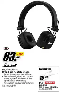MediaMarkt Marshall Major V Zwart Draadloze Hoofdtelefoon aanbieding