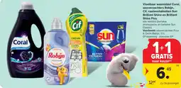 Carrefour Vloeibaar wasmiddel coral, wasverzachters robijn, cif, vaatwastabletten sun brilliant shine en brilliant shine plus aanbieding