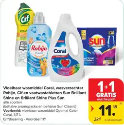Carrefour Market Vloeibaar wasmiddel Coral, wasverzachter Robijn, Cif en vaatwastabletten Sun Brilliant Shine en Brilliant Shine Plus Sun aanbieding