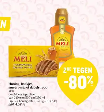 Honing, koekjes, smeerpasta of dadelstroop Meli van 240 g toto 500 g of 350 ml