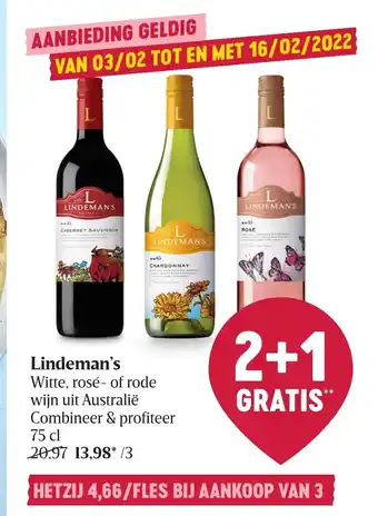 Delhaize Lindeman's Witte, rose-of rode wijn uit Australie 75 cl / 3 aanbieding